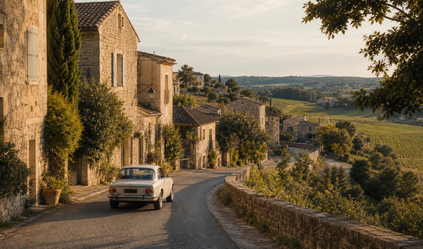 A grand touring car near a French village and old stone buildings.