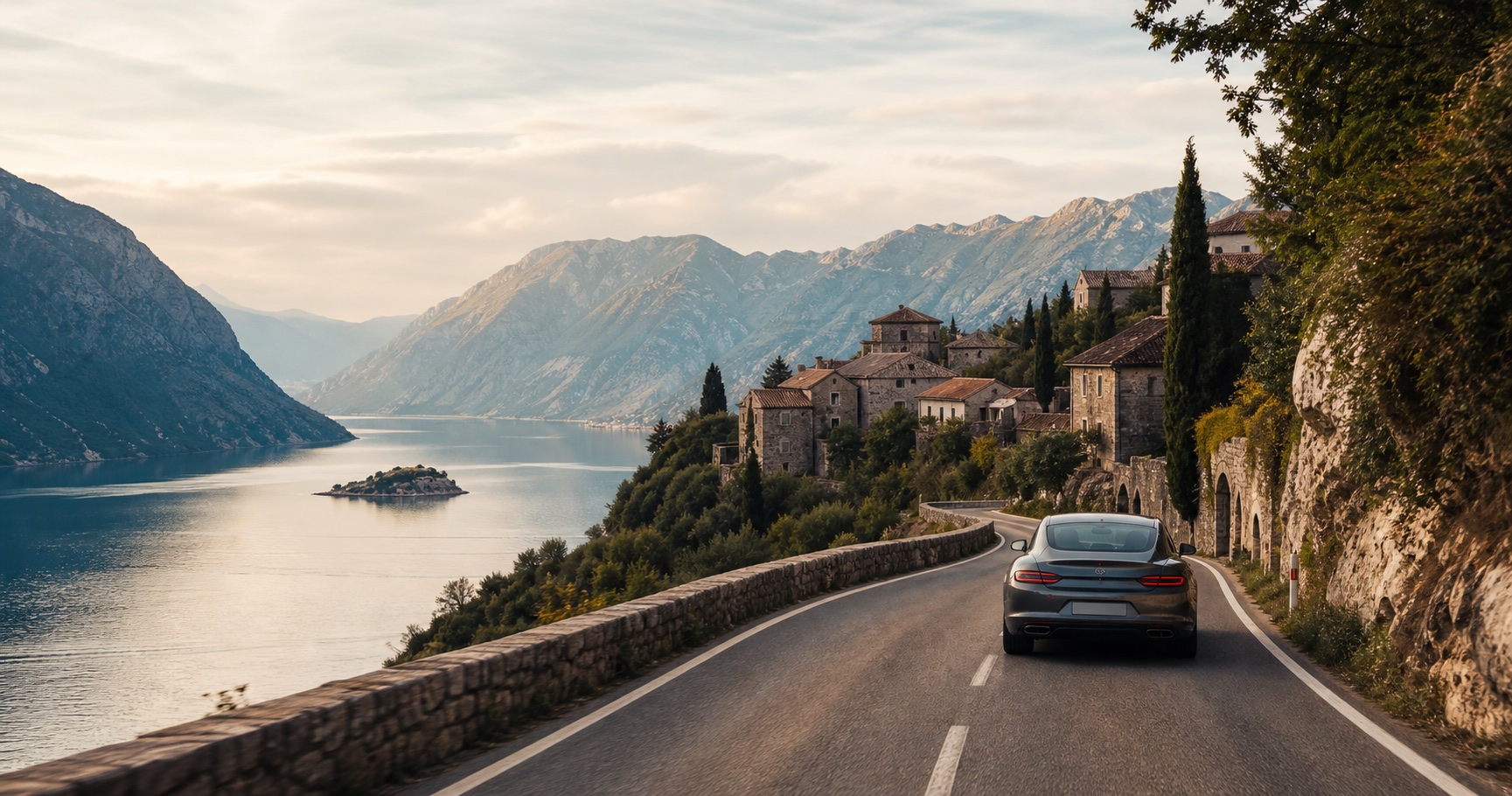A car driving past a lakeside village.