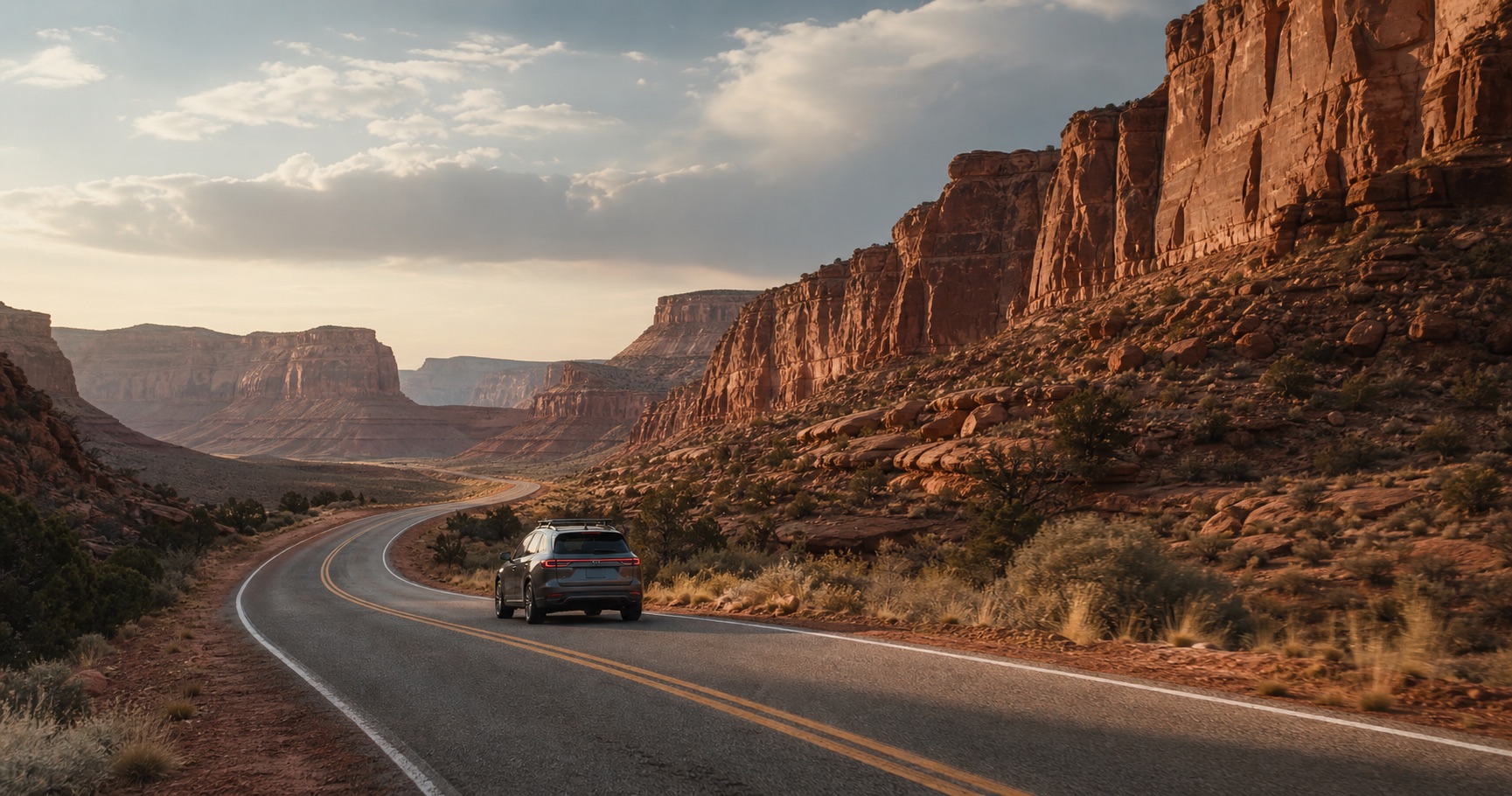 A road winding between red sandstone cliffs.