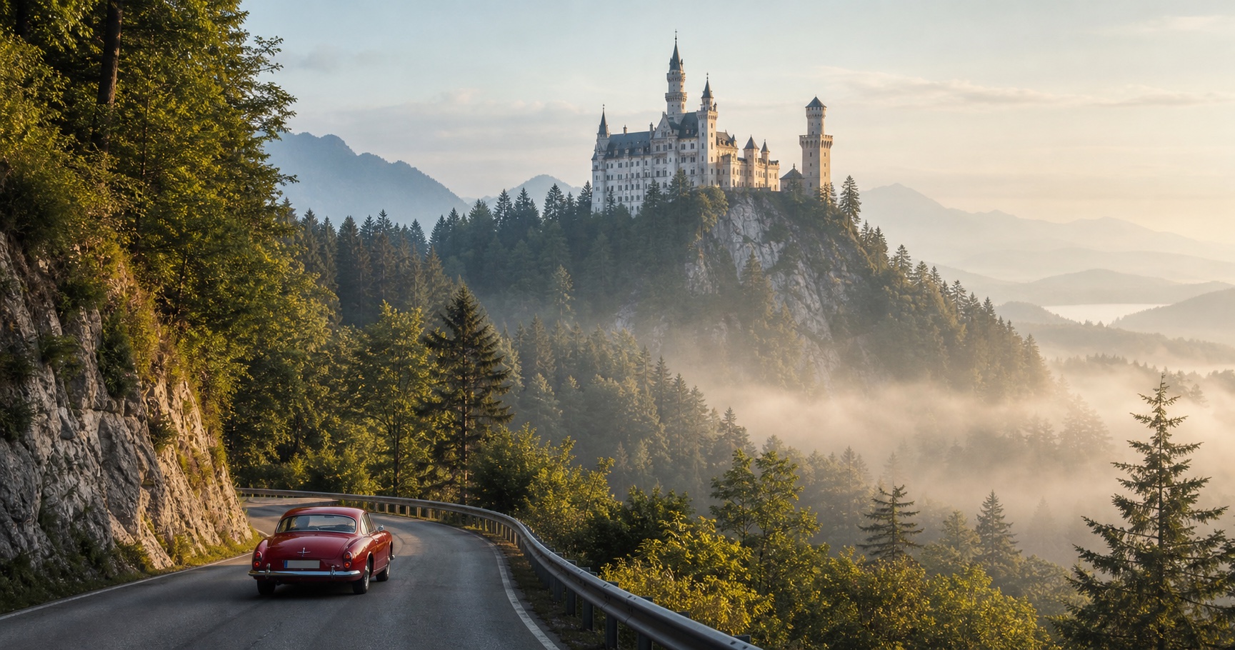 A classic touring car on an alpine road near a castle and mountains.