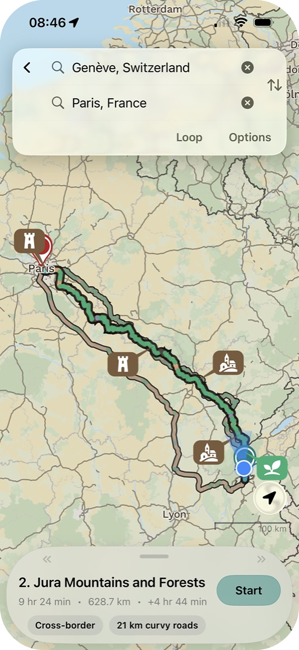 Dryv route options between Geneva and Paris.