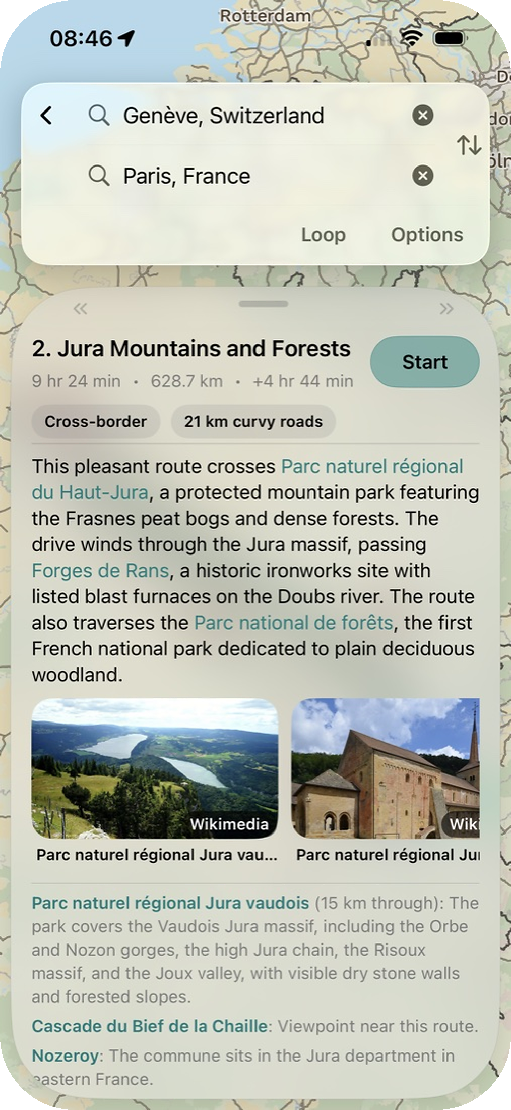 Dryv route explanation sheet with route context and images.