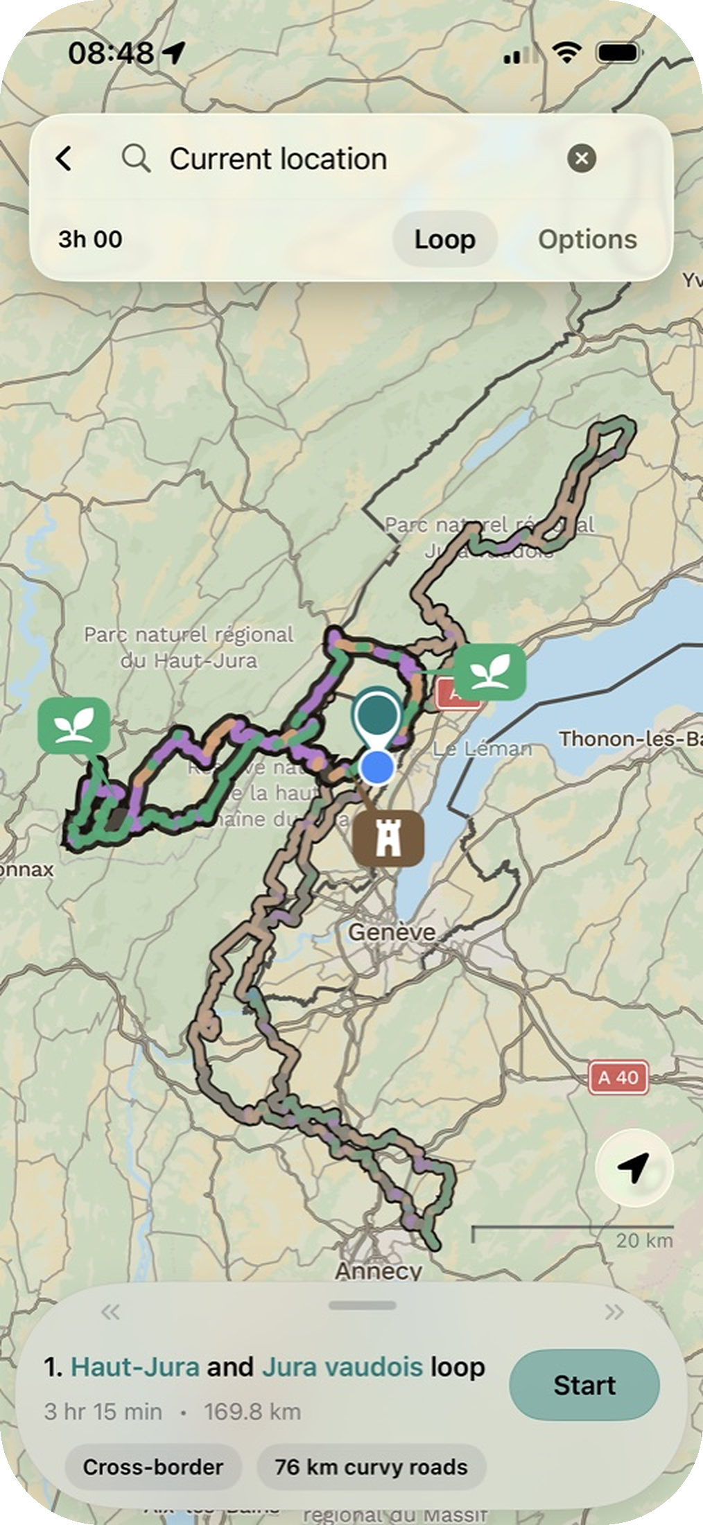 Dryv loop route on a map around Geneva.